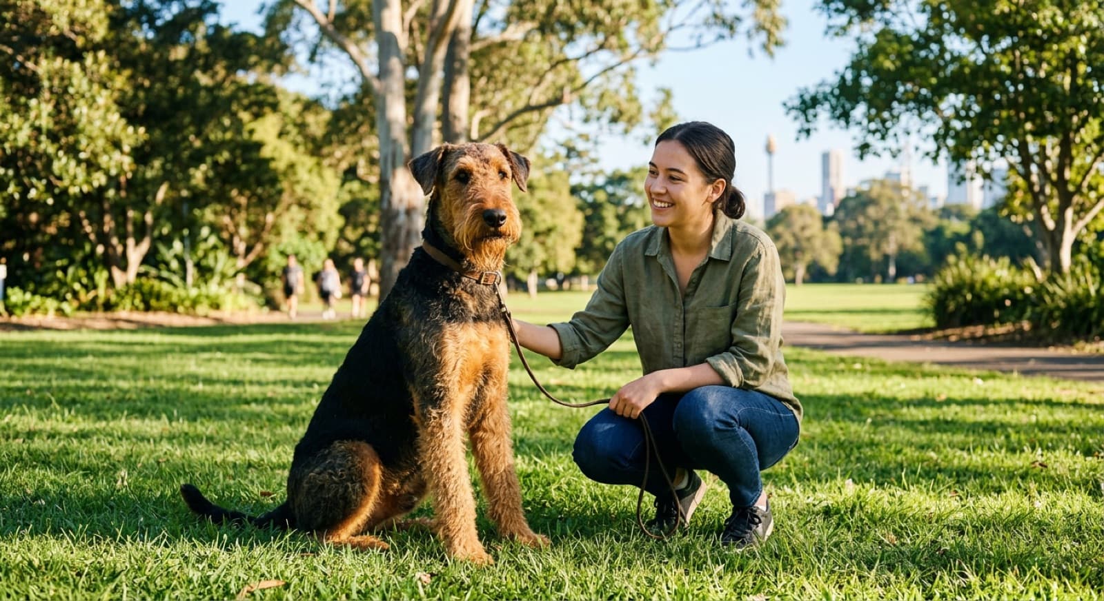 A black-and-tan Airedale Terrier with a wiry coat and classic beard standing alert and square on the grass in a sunny Sydney park, representing the largest and most athletic terrier that turns up for adoption across Sydney and NSW rescues