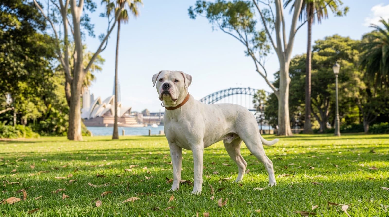A lean, well-muscled white American Bulldog standing on grass in a shaded Sydney backyard, representing the good body condition and joint health that the breed depends on