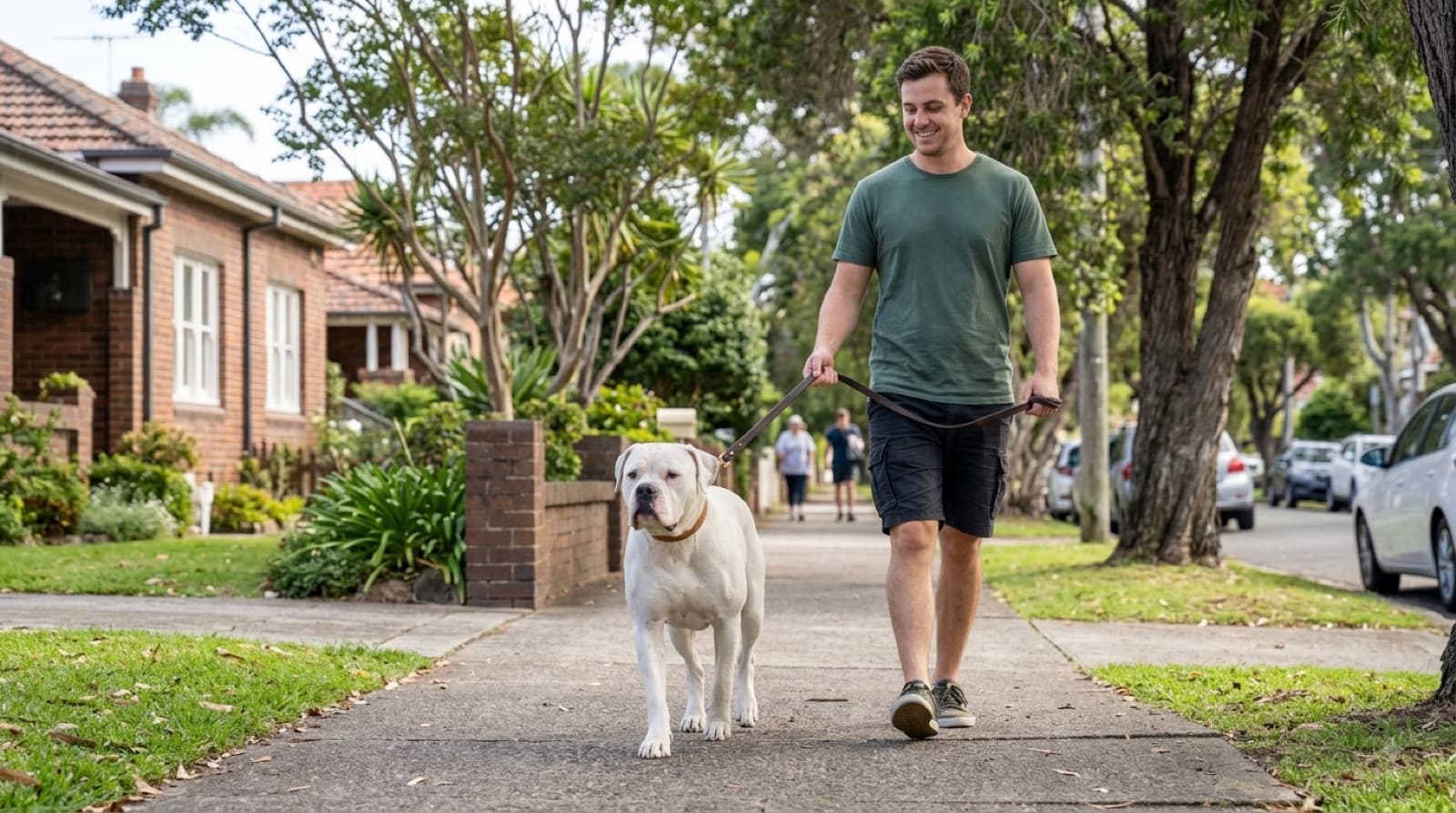 A calm, well-muscled American Bulldog sitting on lead beside its owner in front of a secure high fence at a Sydney home, illustrating responsible ownership of a powerful breed