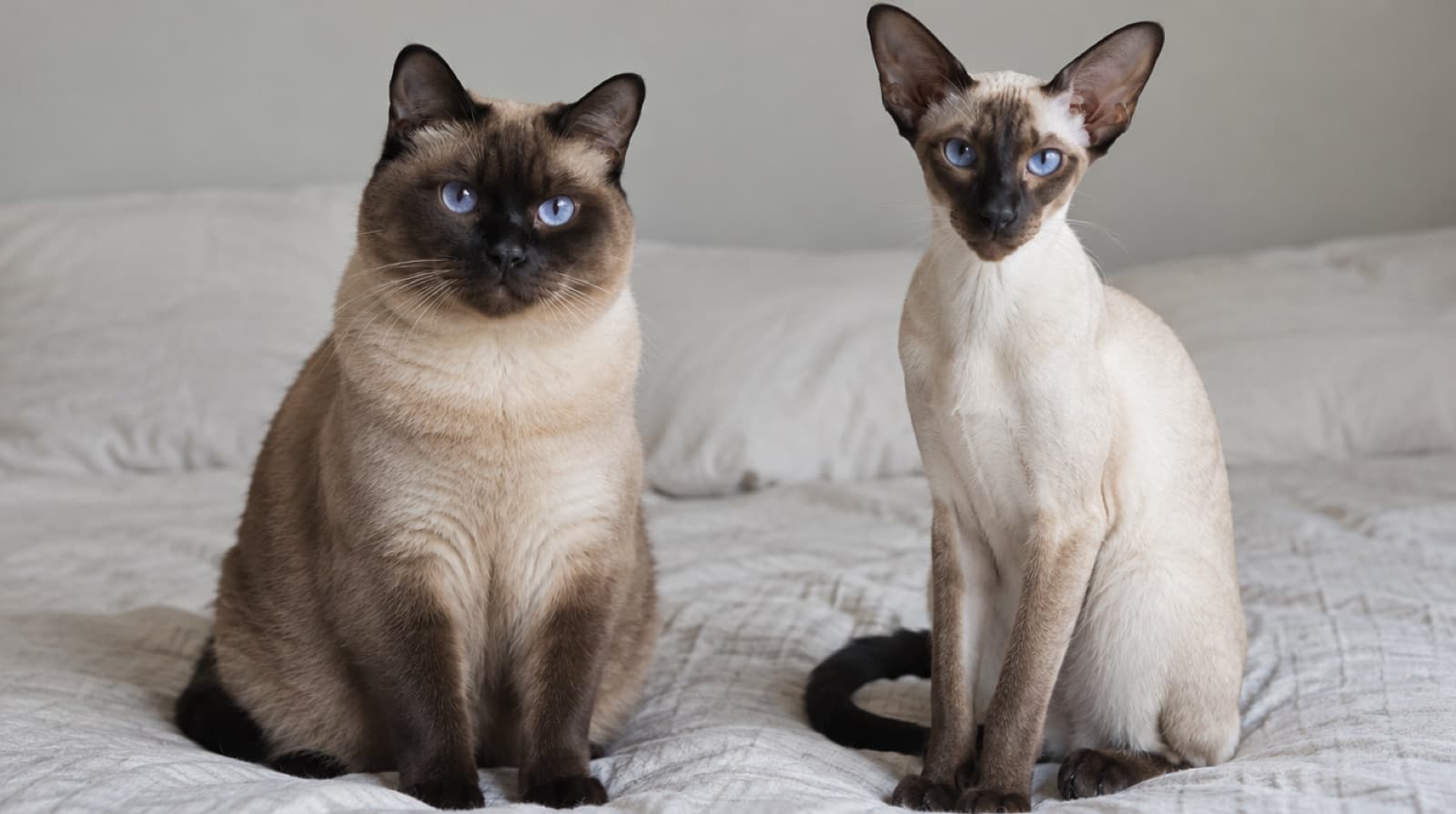 Two seal point Siamese cats on a bed, a traditional round-headed applehead on the left and a modern wedge-headed show type on the right