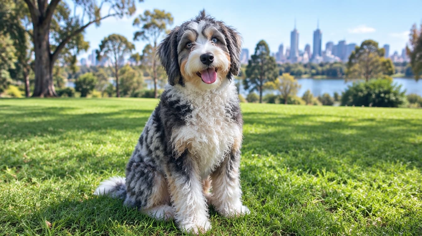 An Aussiedoodle with a curly merle coat sitting on the grass in a Melbourne park, representing the rescue Aussiedoodles available for adoption across Victoria