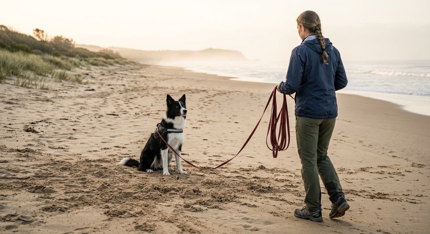 A young black and white Border Collie sitting and watching its handler for a cue on a long training line at a sandy off-leash beach on the NSW Central Coast in early morning light