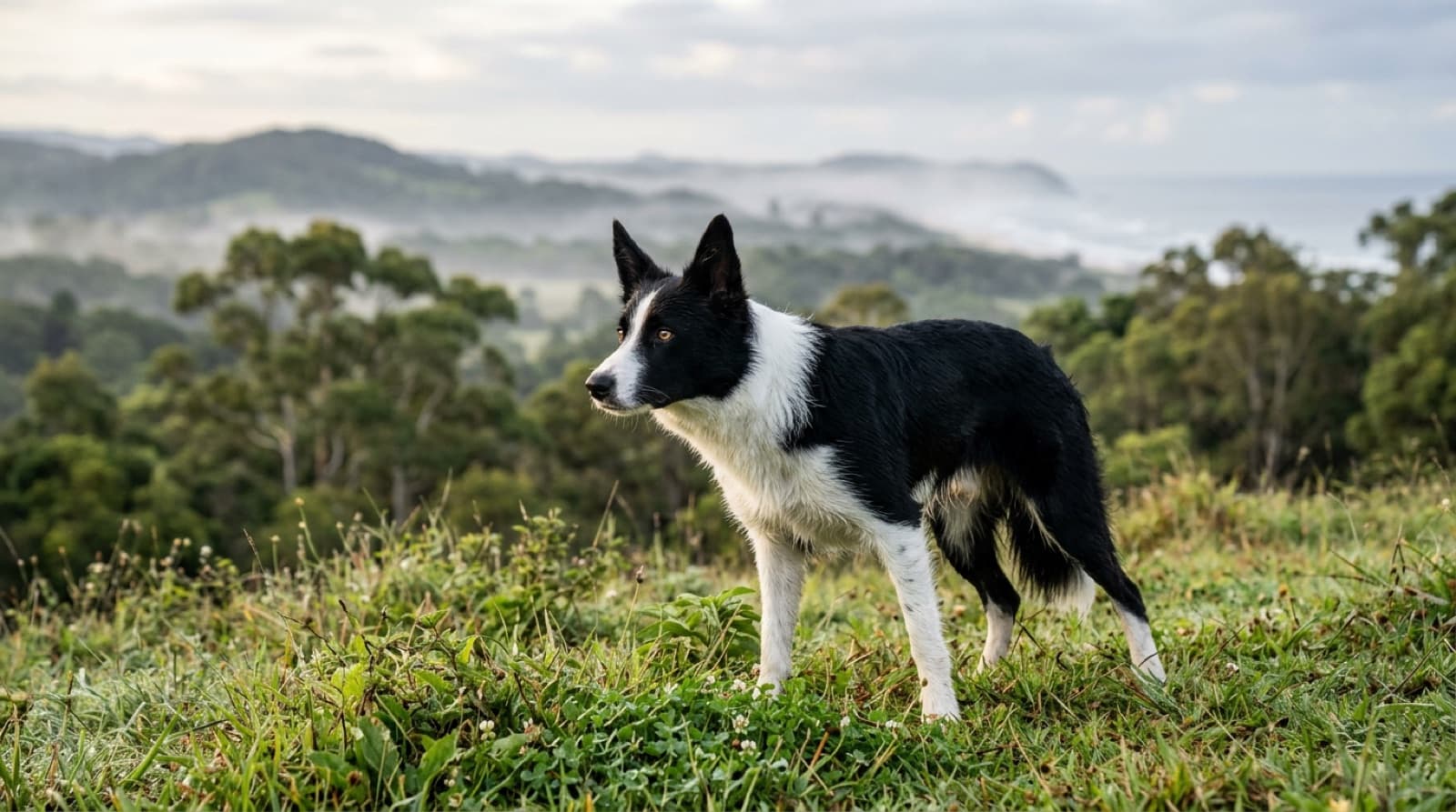 A young black-and-white Border Collie in training on a Gold Coast lawn, representing the demanding adolescent phase and reward-based training of the breed