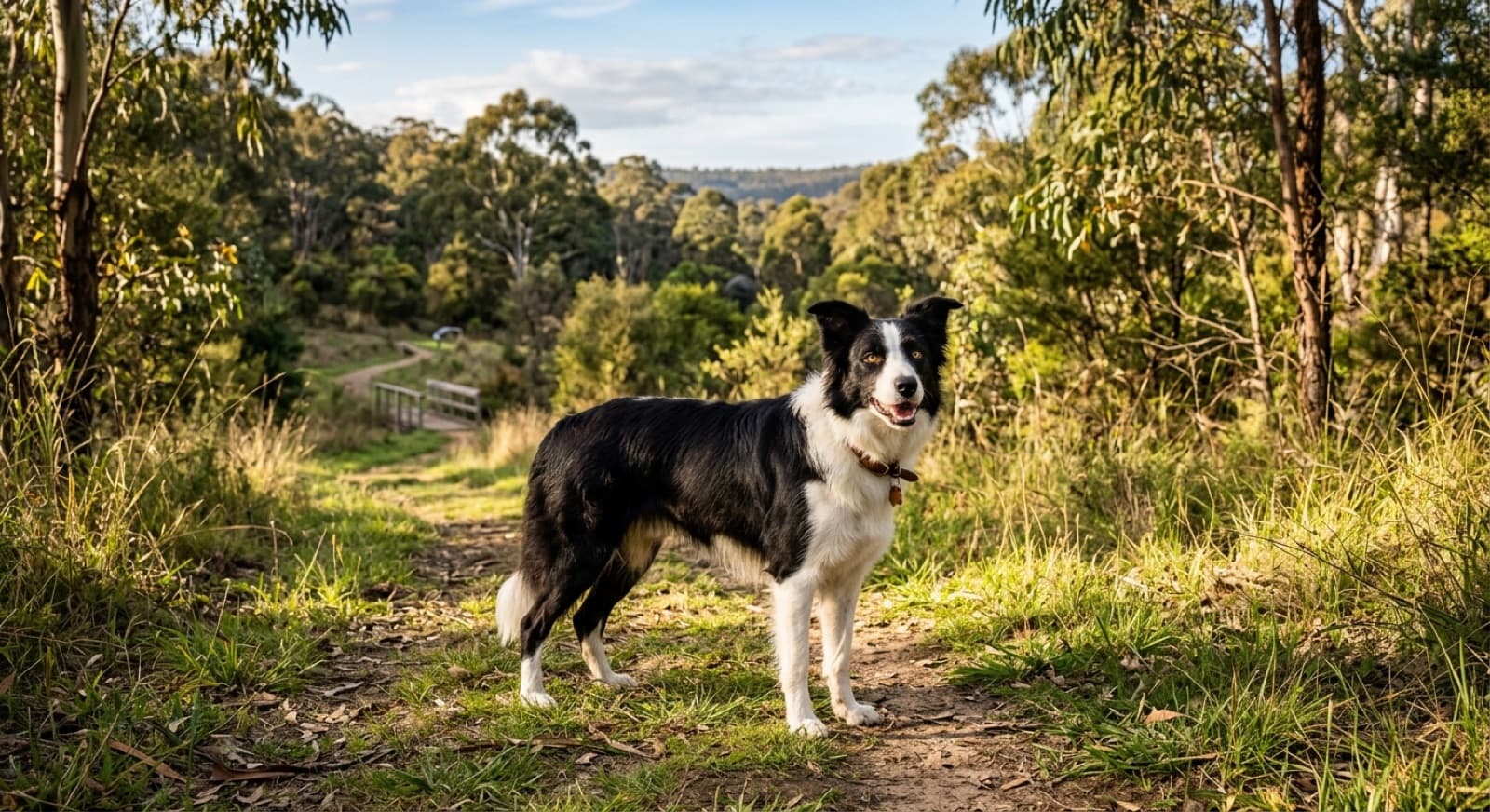 A healthy adult Border Collie standing on a Melbourne parkland trail, illustrating the breed health issues rescue adopters should plan for
