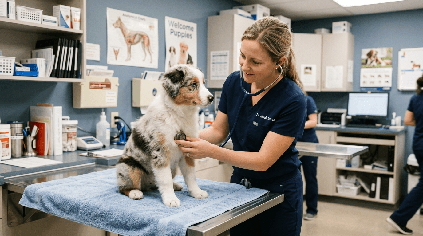 A vet examining a dog on a clinic table, representing the vet visit where Perth owners discuss desexing