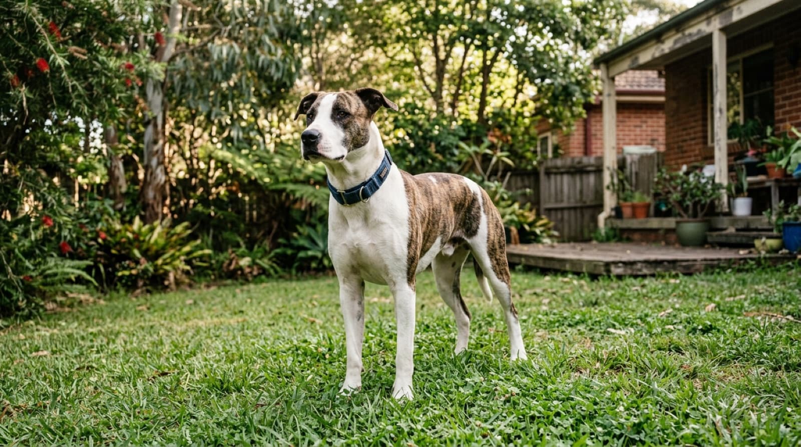 A healthy lean adult Bull Arab with a short coat standing in a shaded Sydney backyard, representing the hardy condition of this Australian working breed