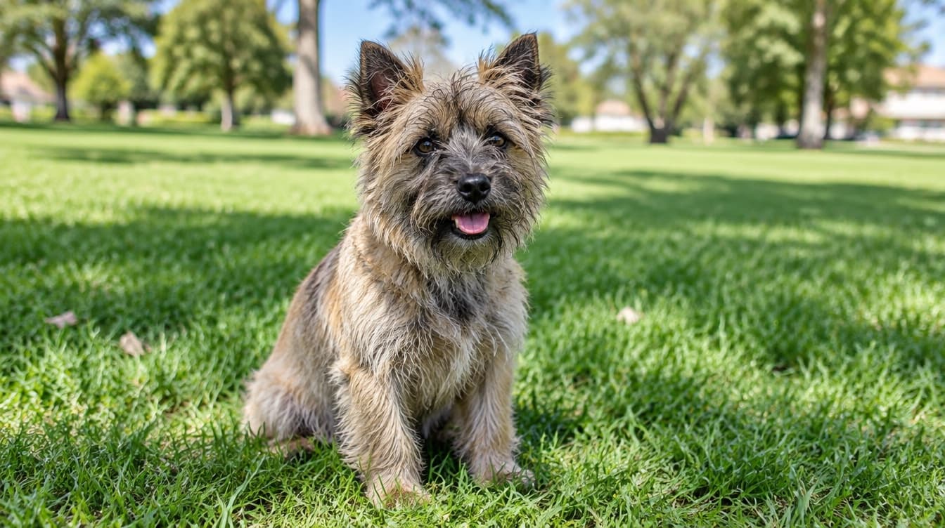 A small wheaten Cairn Terrier standing alert on the grass in a Melbourne park, representing the rescue Cairn Terriers available for adoption across Victoria