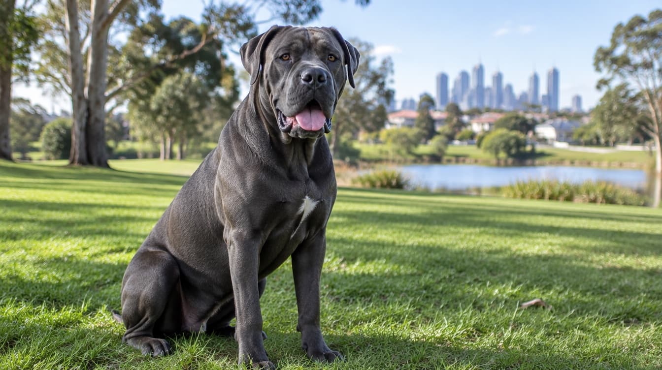 A large grey Cane Corso sitting on the grass in an Adelaide park, representing the rescue Cane Corsos available for adoption across South Australia