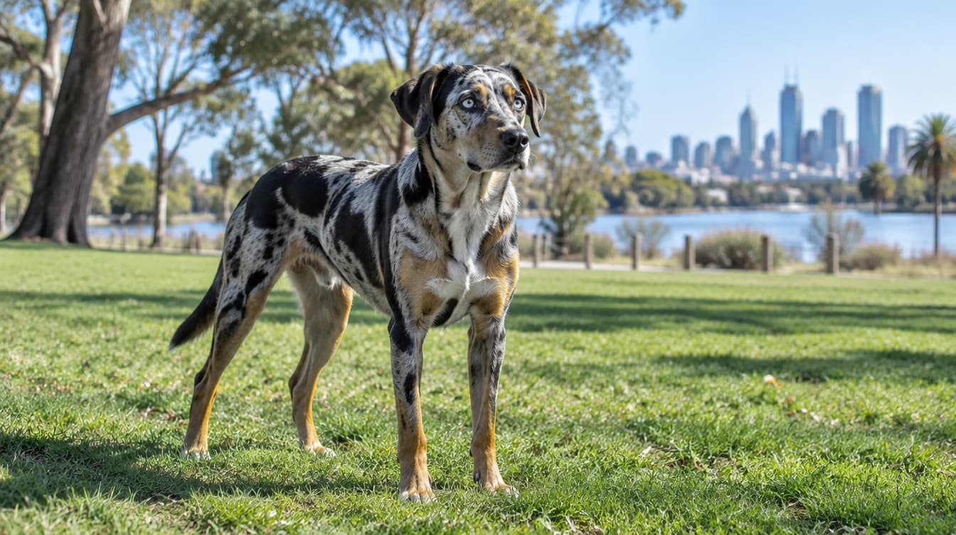 A mottled-coated Catahoula Leopard Dog standing on the grass in a Melbourne park, representing the rescue Catahoulas available for adoption across Victoria