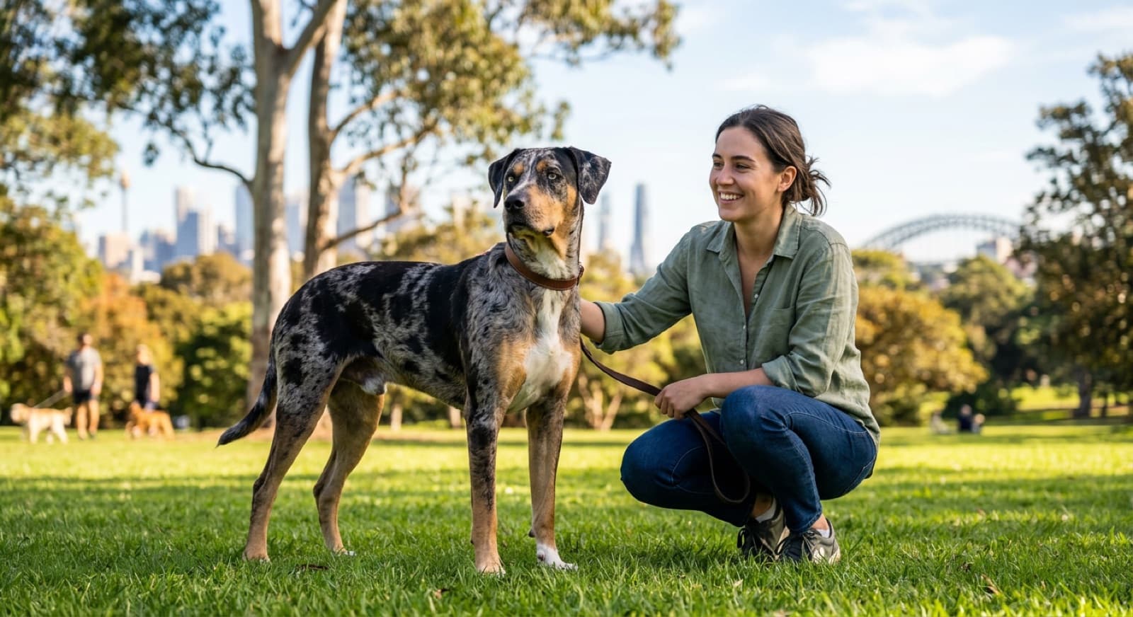 A Louisiana Catahoula Leopard Dog with a striking mottled merle coat and pale eyes standing alert on the grass in a sunny Sydney park, representing the powerful, high-drive American working breed that turns up for adoption across Sydney and NSW rescues