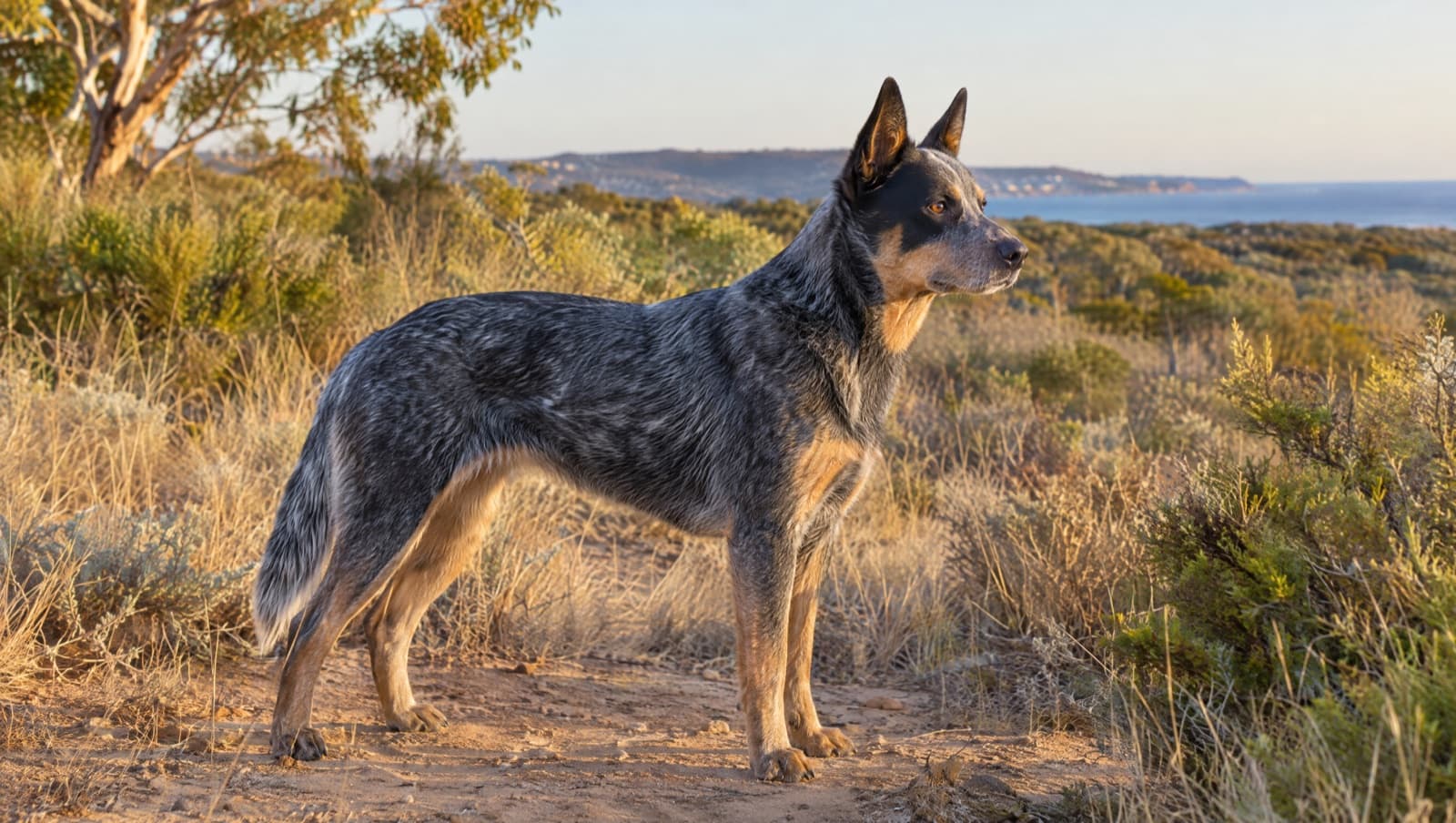 A healthy blue Australian Cattle Dog standing on a dry Perth bushland trail in Mediterranean light, illustrating the breed health topics rescue adopters in WA should understand