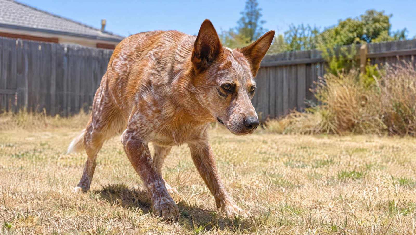 A red Australian Cattle Dog concentrating on a task in a dry sunlit Perth backyard, illustrating jobs and mental stimulation for the working breed