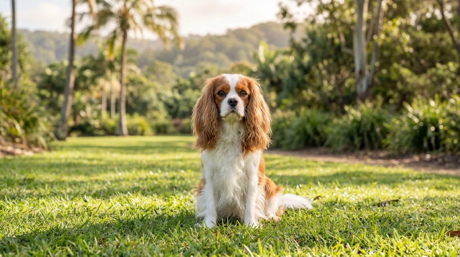 A gentle Blenheim (chestnut and white) Cavalier King Charles Spaniel with long silky ears sitting calmly on a sunny lawn in an Auckland park, representing the affectionate companion dogs occasionally available for adoption across New Zealand rescues