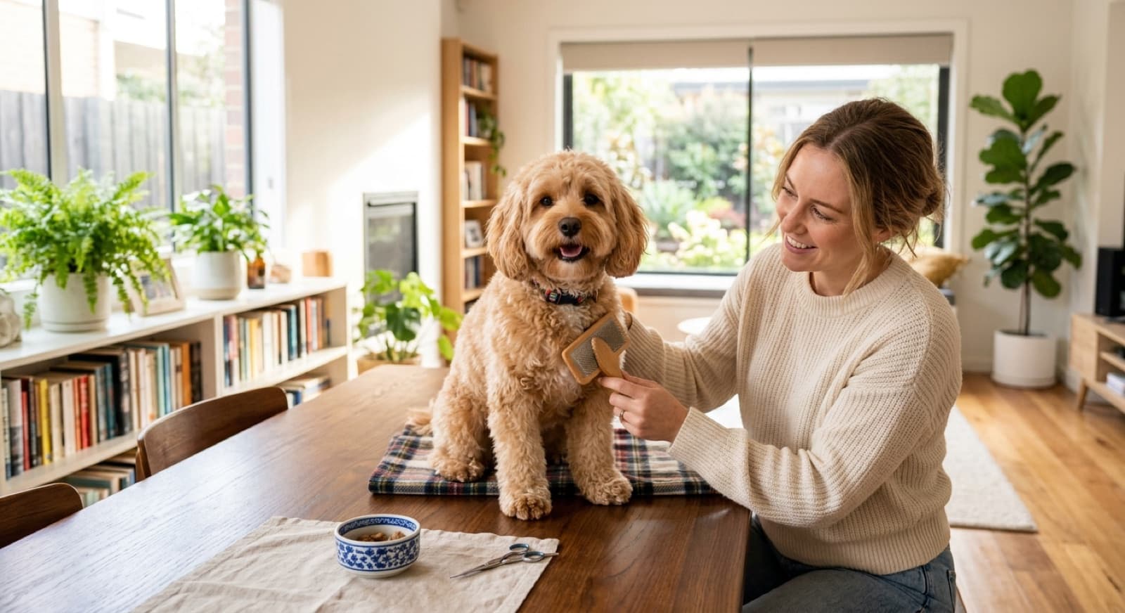 A fluffy Cavoodle being brushed at home in Melbourne, illustrating the regular grooming the breed coat requires