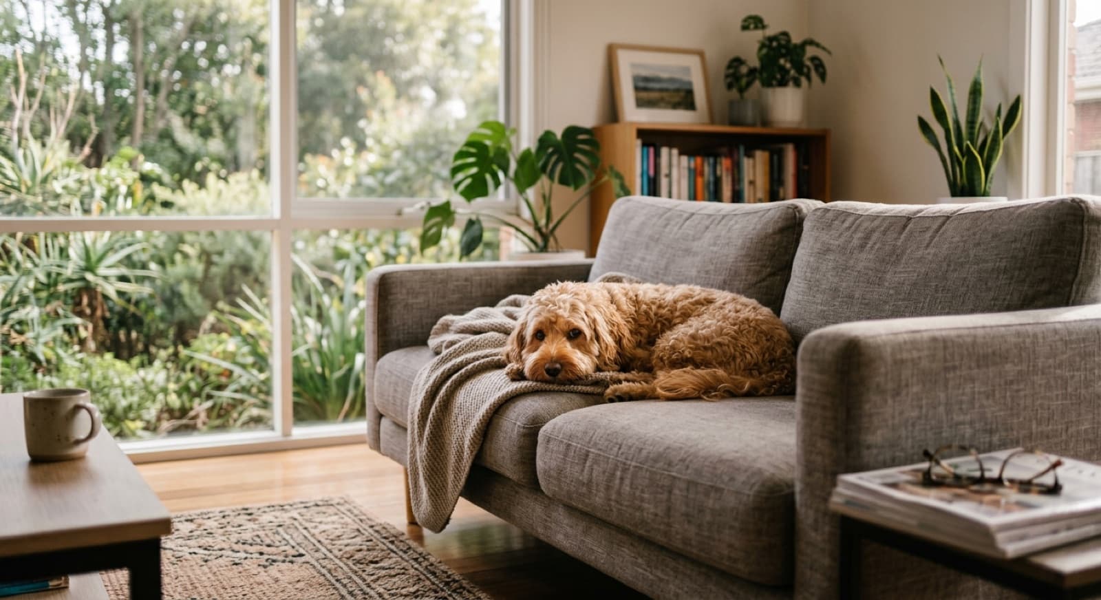 A healthy Cavoodle sitting on a Melbourne parkland lawn, illustrating the breed health issues rescue adopters should plan for