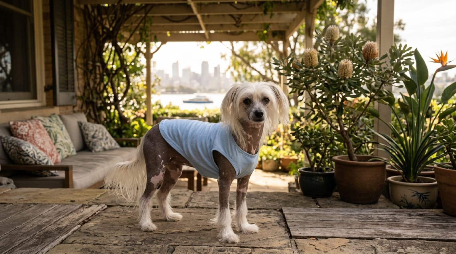 A hairless Chinese Crested with soft exposed skin and a tuft of hair on its head resting in the shade on a bright Sydney day, illustrating the sun protection and skin care the hairless variety needs in the Australian climate