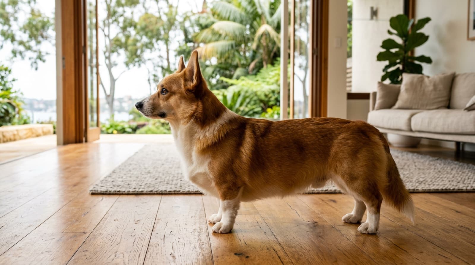 A healthy, lean Pembroke Welsh Corgi standing on grass in a sunny Sydney park, showing the long back and short legs that make weight management and spinal care so important for the breed