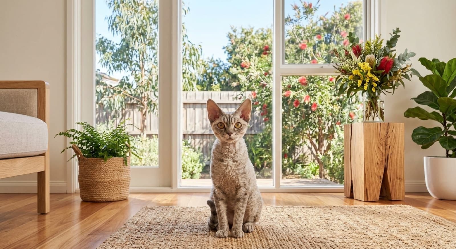 A healthy curly-coated Devon Rex cat with large ears and bright eyes sitting alertly in a bright Sydney home, illustrating the good condition a well-cared-for Devon Rex stays in