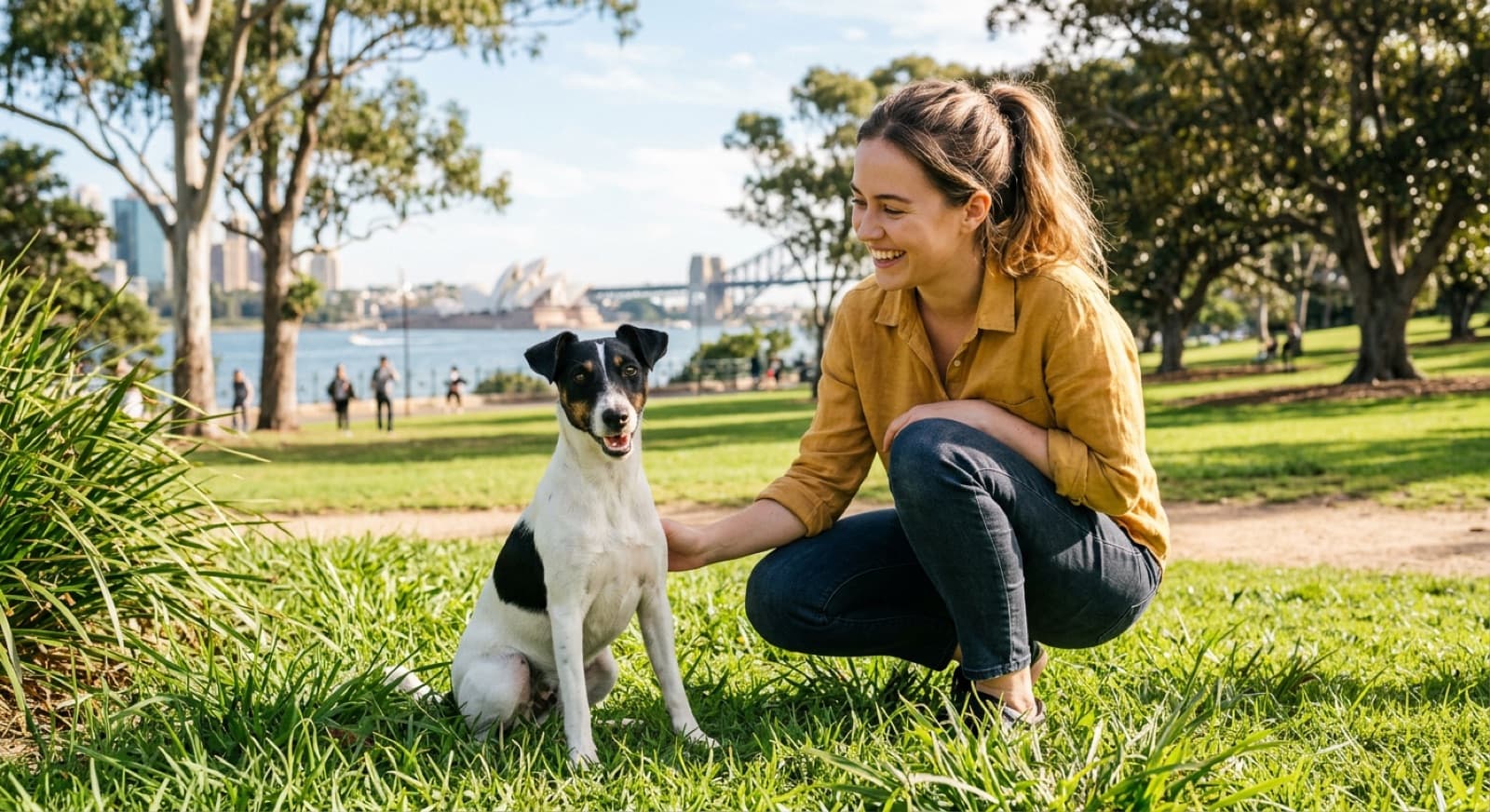 A white-and-tan Fox Terrier with a keen, alert expression standing on a grassy Sydney park path, ears pricked and body poised, representing the busy little working terrier that turns up for adoption across Sydney and NSW rescues