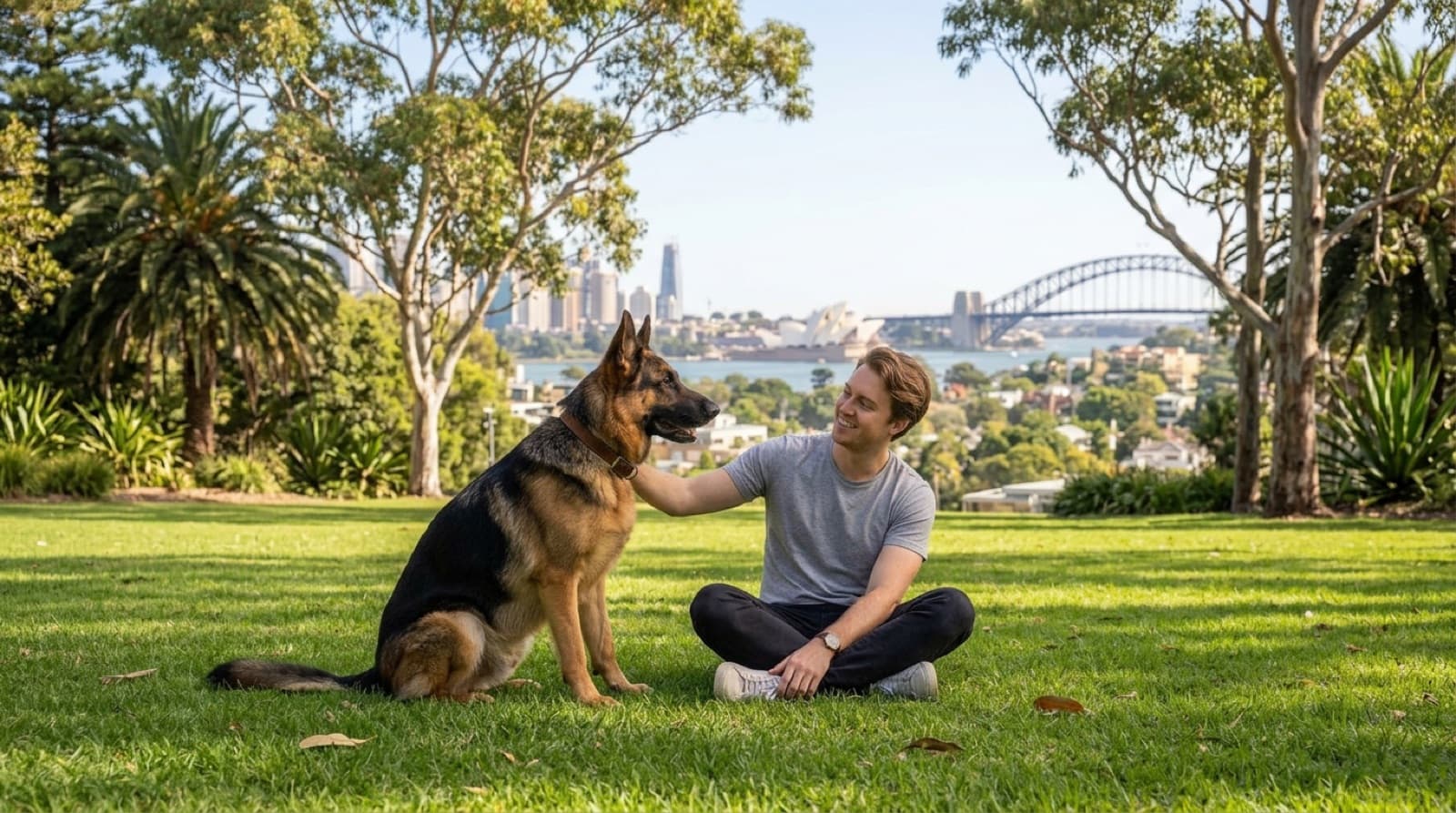 A black and tan German Shepherd sitting alert on a sunny Sydney park lawn, representing the rescue dogs available for adoption across NSW