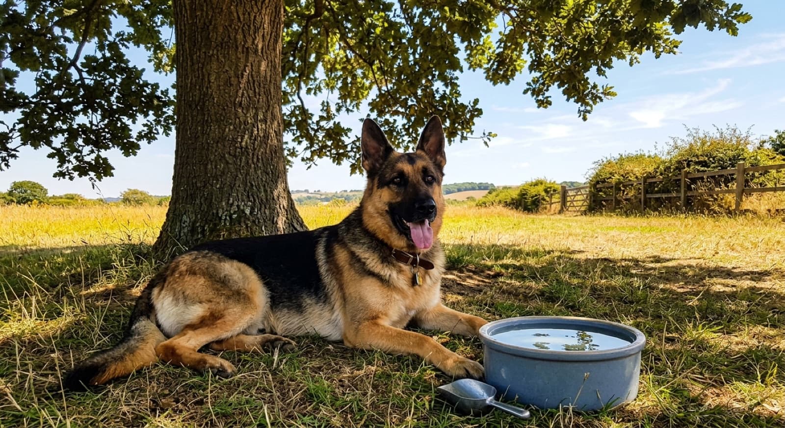 A German Shepherd resting in the shade on a warm Melbourne day, illustrating heat management for the double-coated breed