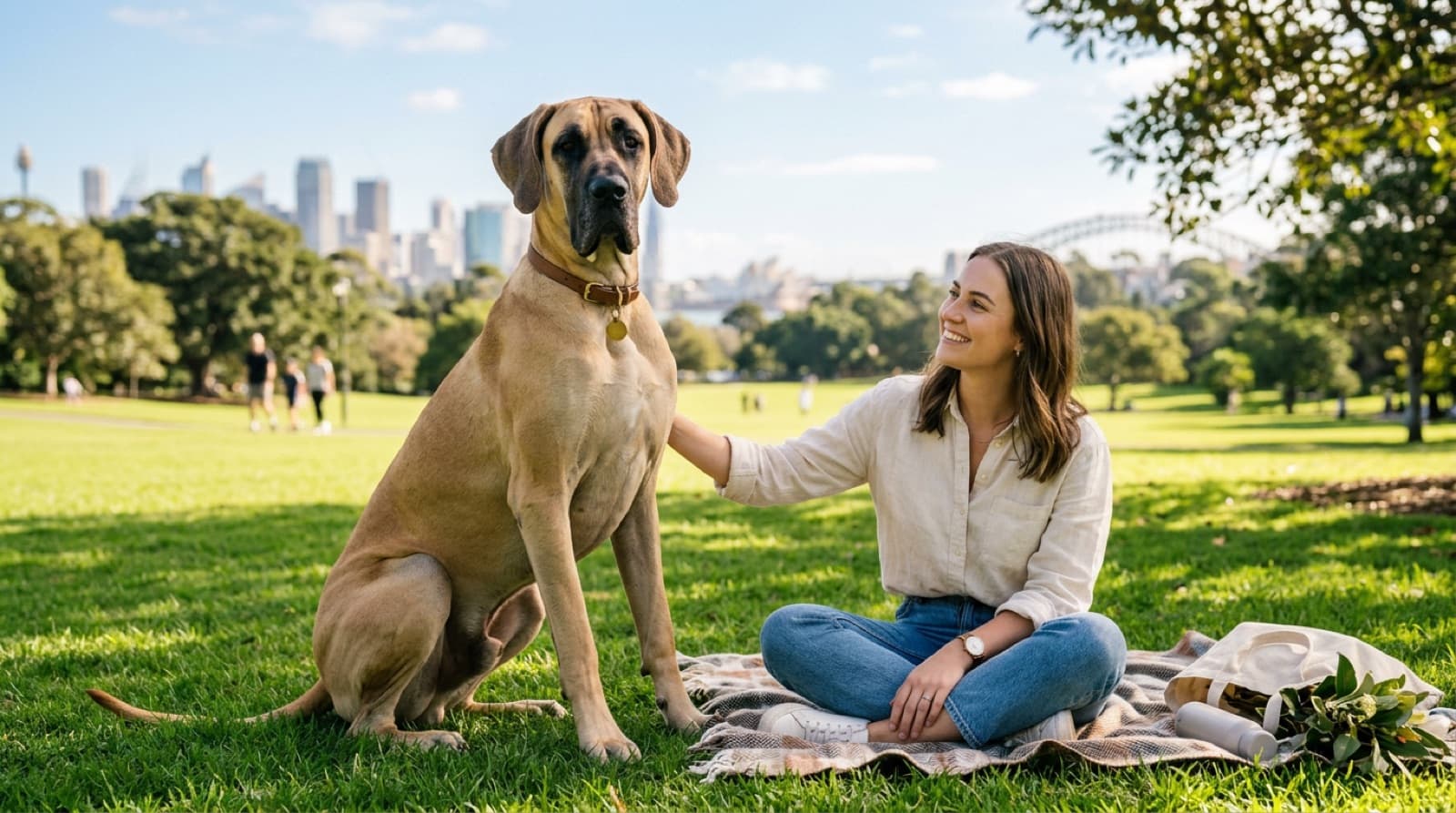 A tall, gentle fawn Great Dane with a calm expression standing beside its owner on grass in a sunny Sydney park, representing the giant gentle dogs occasionally available for adoption across Sydney and NSW rescues