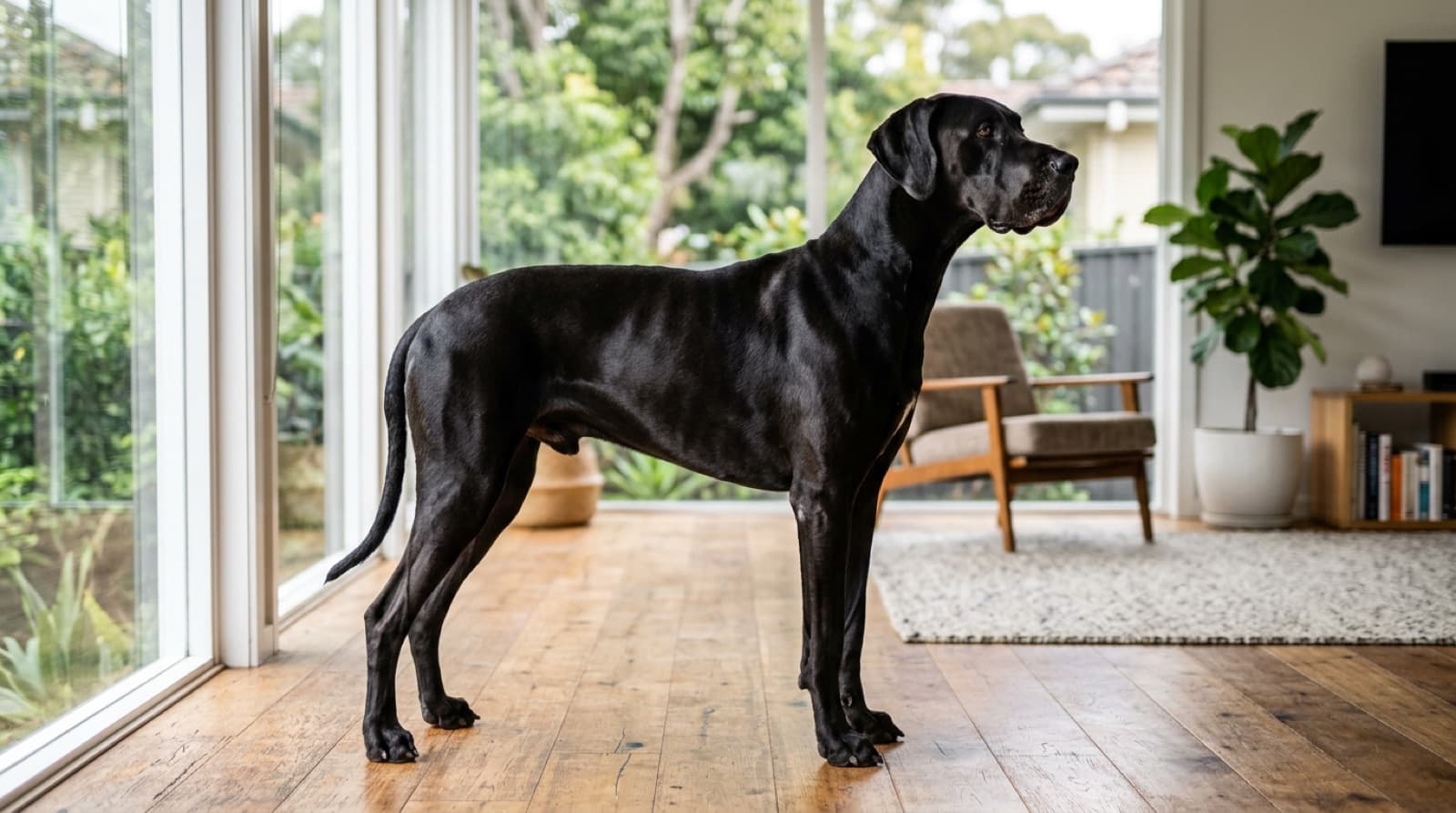 A large, healthy fawn Great Dane standing calmly beside its owner on grass in a sunny Sydney park, a gentle giant breed whose deep chest makes bloat the key health risk to watch