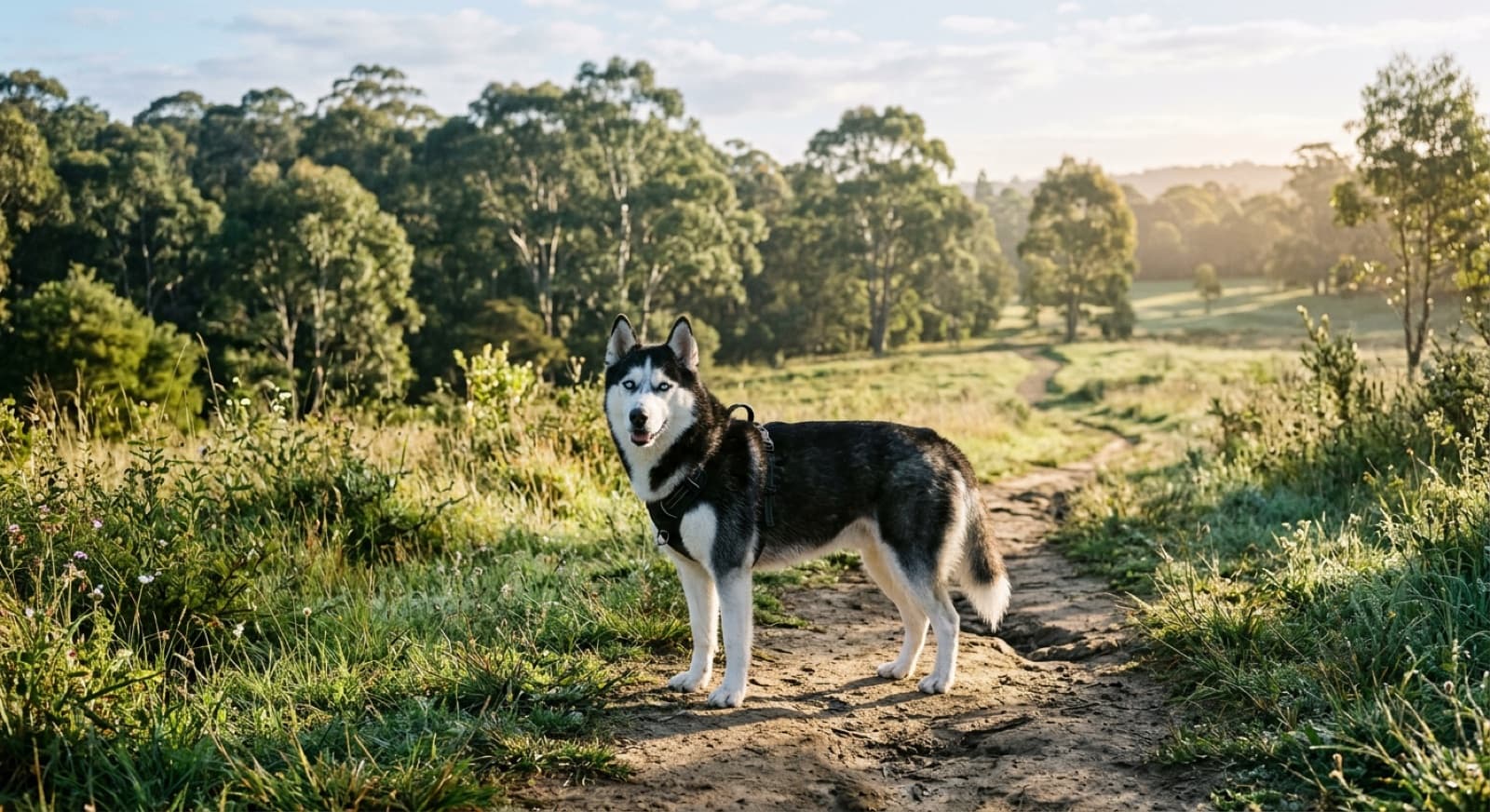 A striking black-and-white Siberian Husky with blue eyes on a Sydney parkland trail, representing rescue Huskies available for adoption in Sydney and NSW