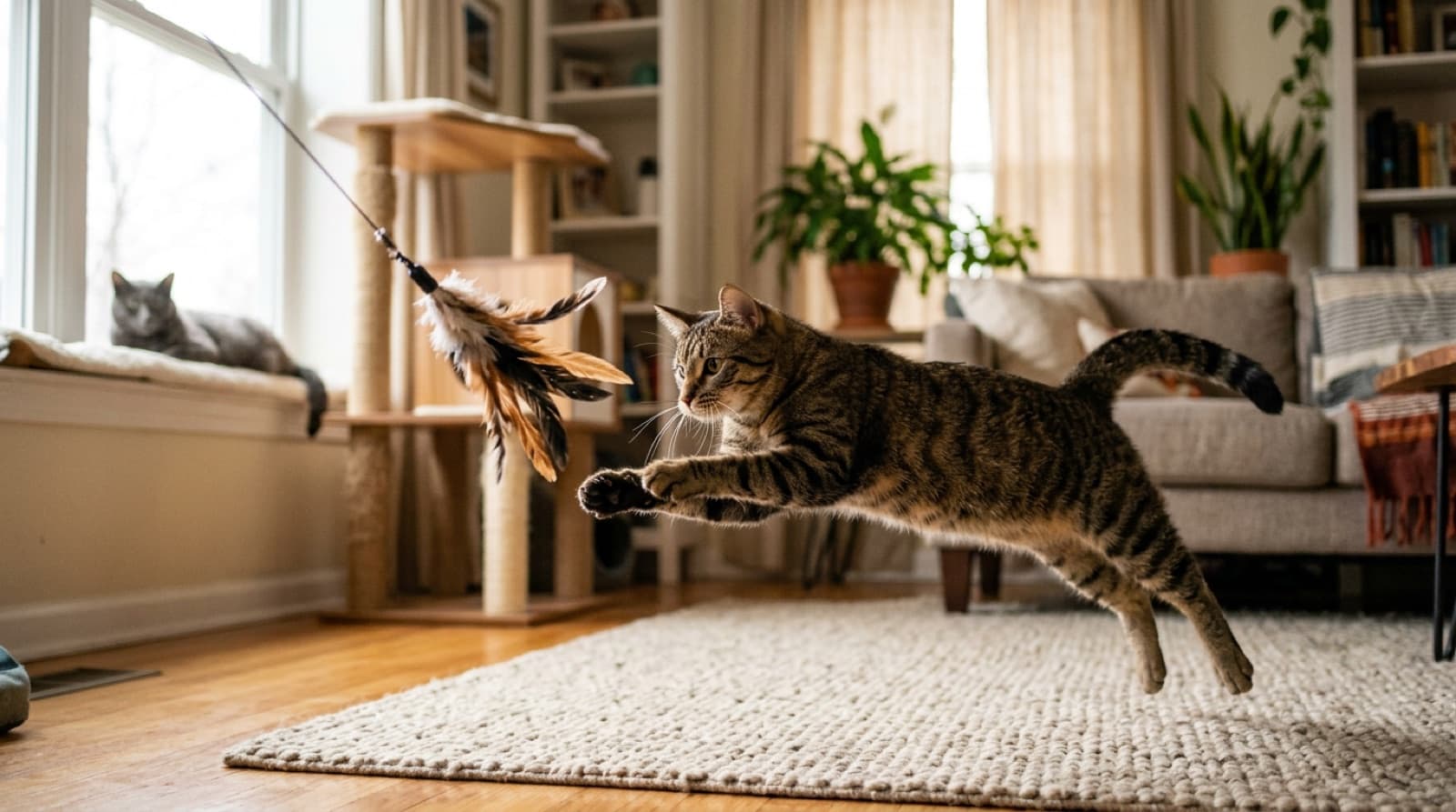 A tabby cat leaping at a feather wand toy in a Perth living room, showing the indoor play that suits the safe indoor and contained-outdoor lifestyle recommended for cats in Perth and WA