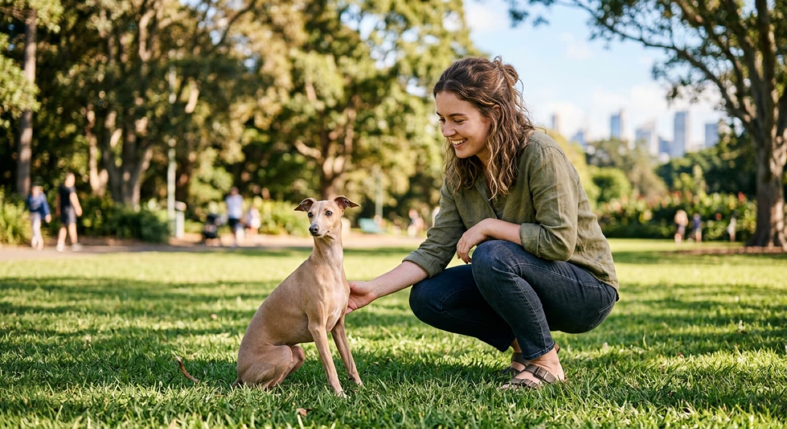 A slender fawn Italian Greyhound wearing a warm coat curled up on a soft blanket in a sunny Sydney home, representing the delicate, warmth-loving toy sighthound that turns up for adoption across Sydney and NSW rescues
