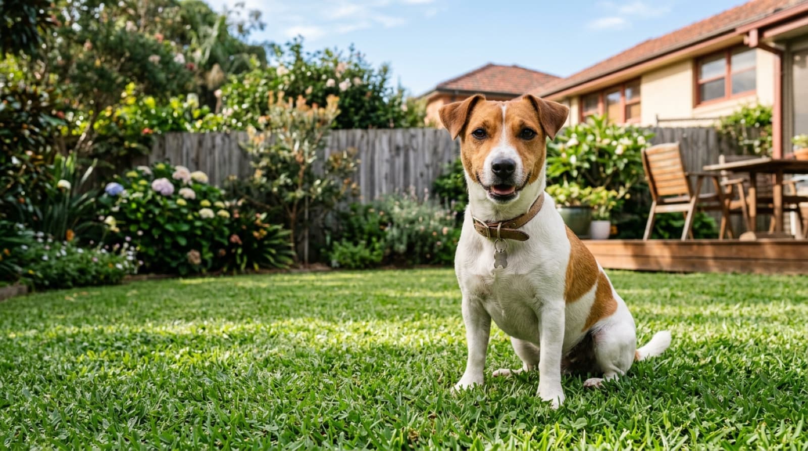 A healthy alert adult Jack Russell Terrier with a smooth white-and-tan coat sitting on grass in a Sydney backyard, representing a hardy, long-lived breed