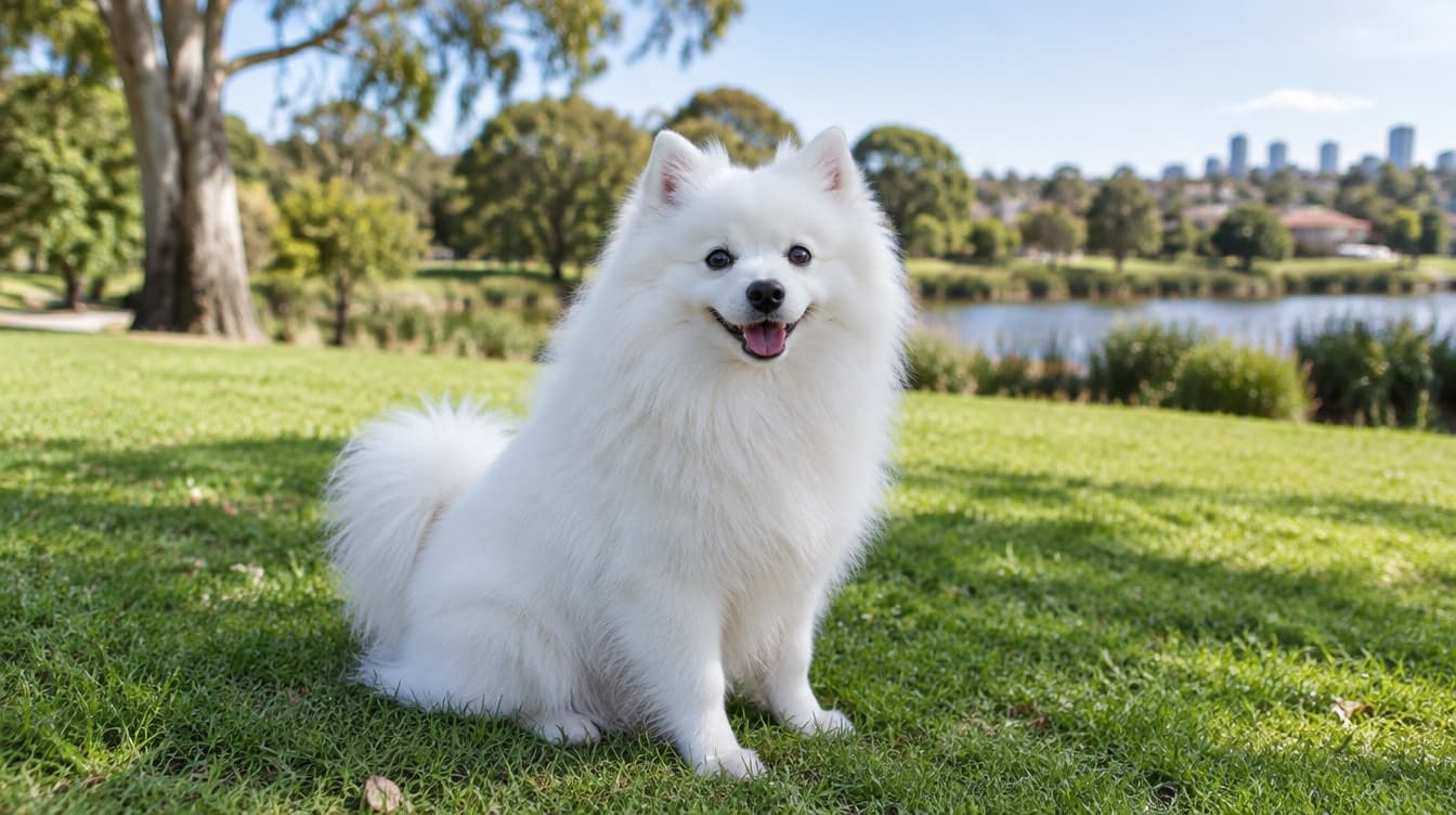 A small fluffy pure-white Japanese Spitz with pointed ears and a curled tail standing in a sunny Perth park, representing the Japanese Spitz dogs and crosses occasionally available for adoption across Perth and Western Australia rescues