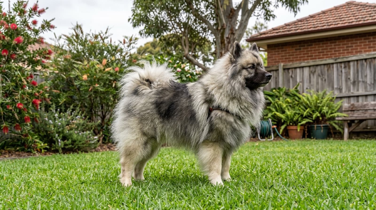 A plush grey and cream Keeshond with a thick spitz coat, fox-like face and the breed's signature spectacles markings sitting on a grassy Sydney park lawn, a generally sound and long-lived companion breed