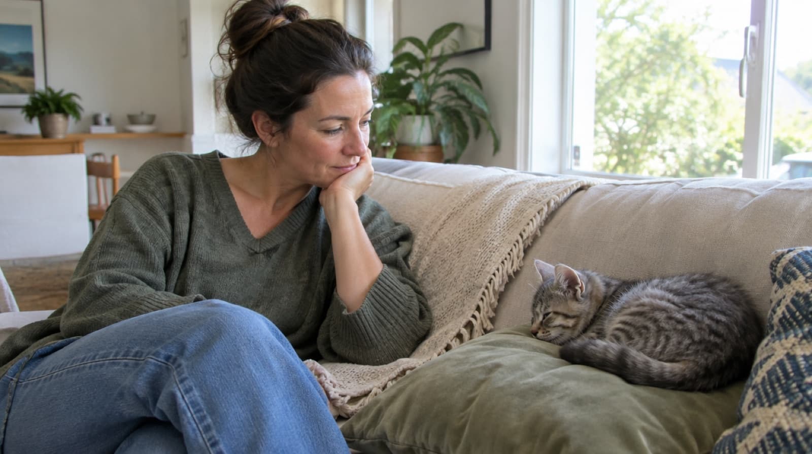 A woman sits on a couch in an Australian living room in morning light, looking thoughtfully at a small grey tabby kitten resting on a cushion beside her