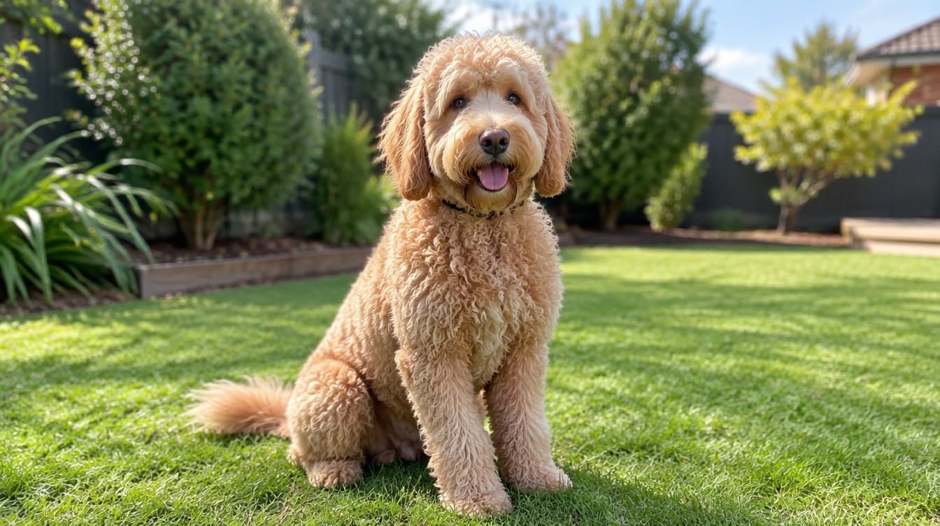 A curly apricot Labradoodle sitting on the grass in a Melbourne backyard, representing the rescue Labradoodles available for adoption across Victoria