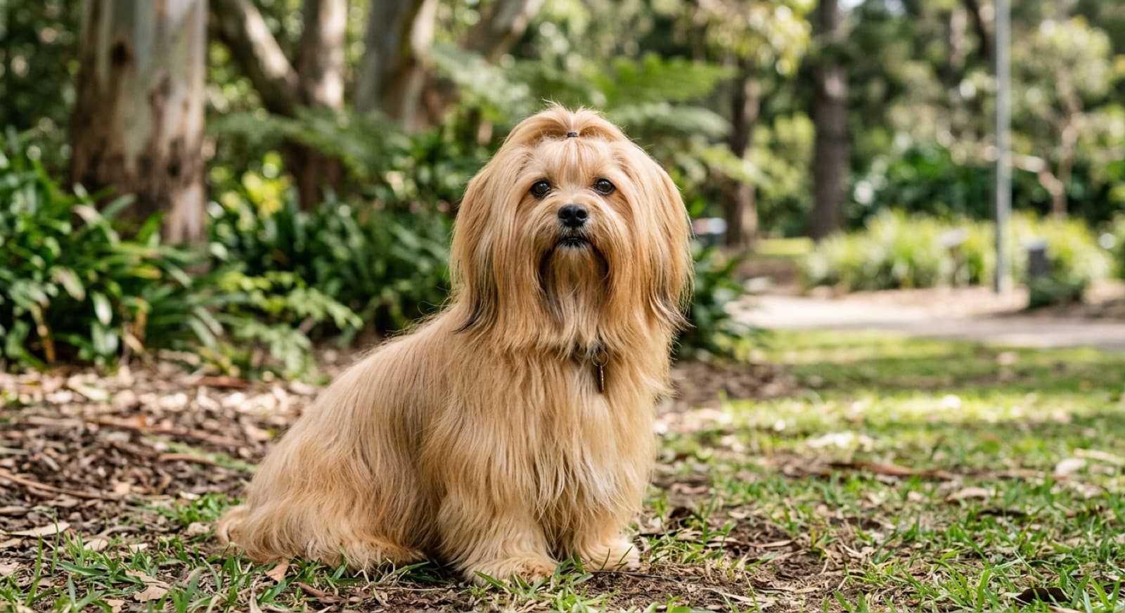 A long-coated Lhasa Apso sitting on grass in a Sydney park, a small companion breed whose health hinges on kidney monitoring, eye care and dental care