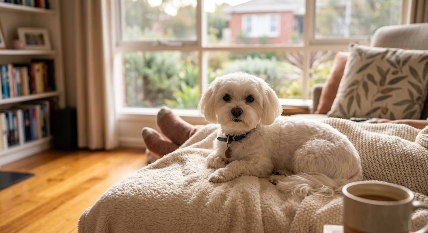 A healthy white Maltese with a clean face resting on a soft blanket on the couch in a warm Melbourne living room, illustrating the dental, coat and comfort care a senior Maltese needs