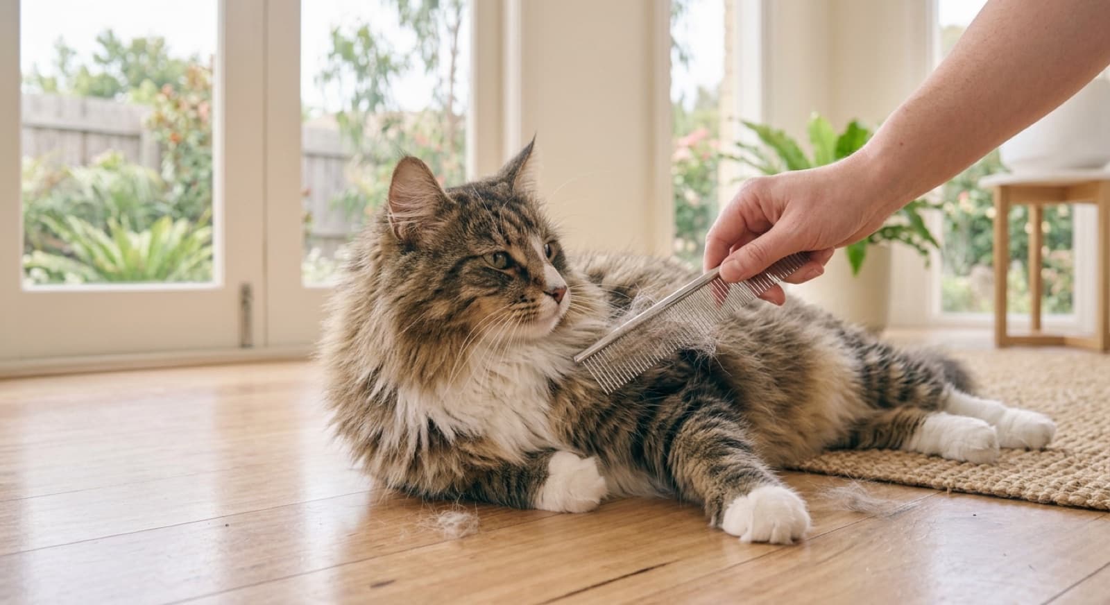 A fluffy Norwegian Forest Cat being gently brushed with a metal comb on a lap in a bright Sydney home, illustrating the regular double-coat grooming the breed needs