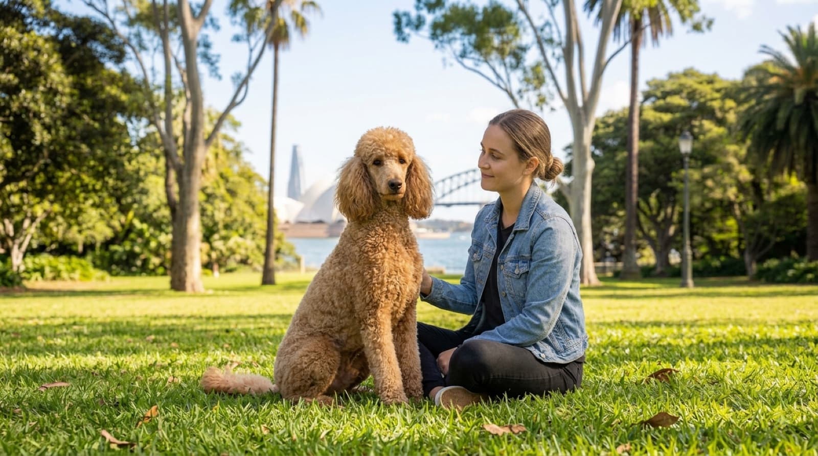 A neatly clipped apricot Miniature Poodle sitting on a Sydney park lawn, representing the Toy, Miniature and Standard Poodles available for adoption across Sydney and NSW