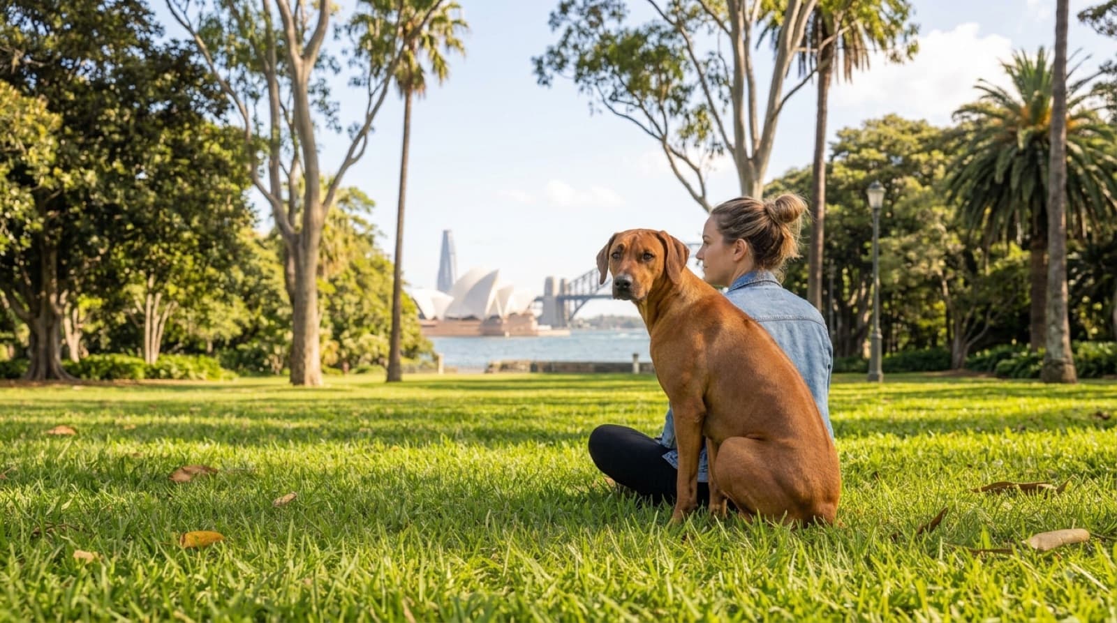 A muscular tan Rhodesian Ridgeback with the distinctive ridge along its back standing alert on a Sydney park lawn, representing the athletic hounds available for adoption in NSW