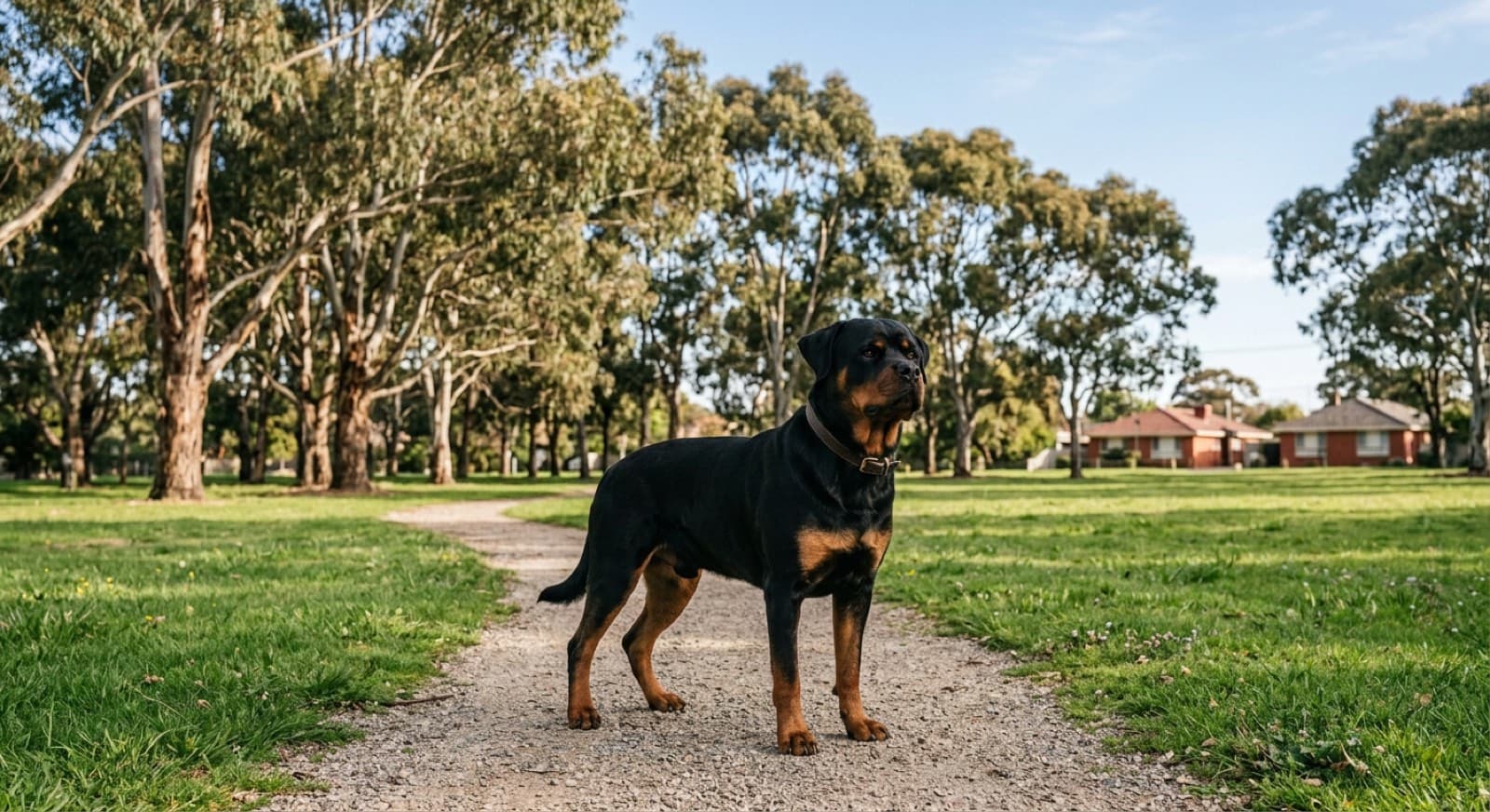 A healthy lean muscular adult Rottweiler standing on grass in a Melbourne parkland, with a glossy black-and-tan coat, representing good body condition in a large breed