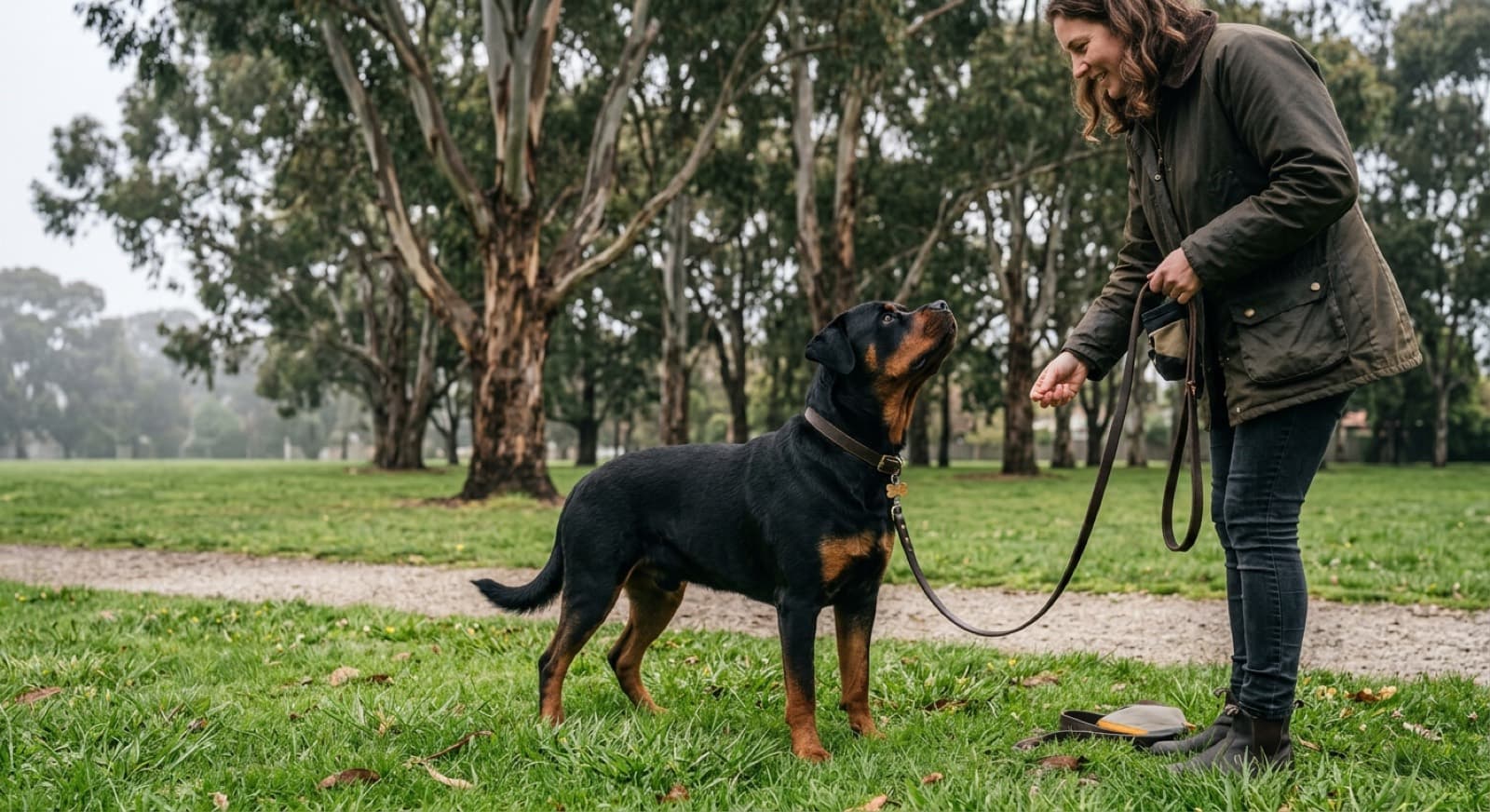 A Rottweiler walking calmly on a loose lead beside its owner on a Melbourne park path, focused and under control, representing a well-socialised, well-trained guardian breed