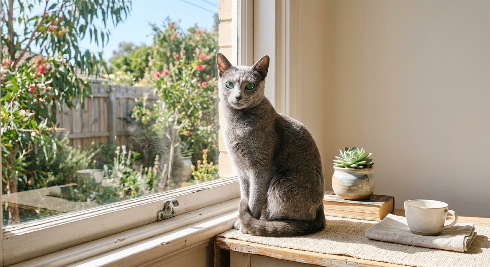 An elegant blue-grey Russian Blue cat with a plush shimmering coat and vivid green eyes sitting calmly on a windowsill in a Sydney home, representing the Russian Blues and blue-grey crosses that occasionally come up for adoption in NSW rescues