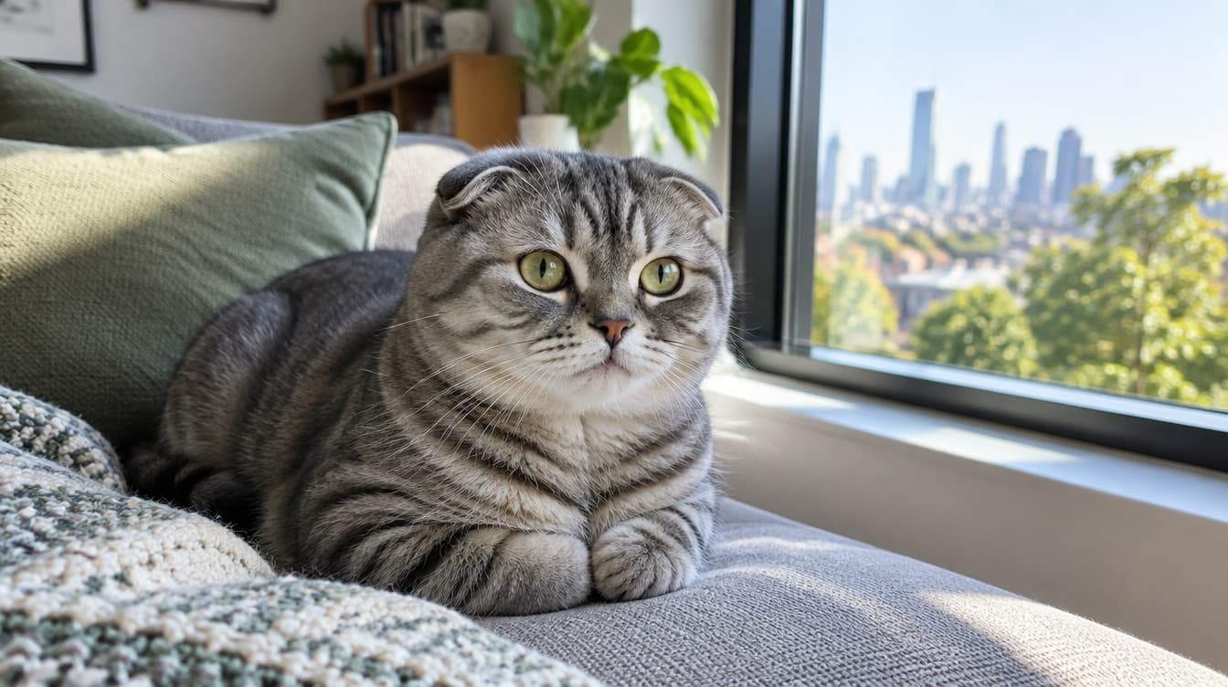 A round-faced grey tabby Scottish Fold cat with folded ears resting on a sofa in an Adelaide home, representing the Folds and straight-eared cats that occasionally come up for adoption through South Australian rescues