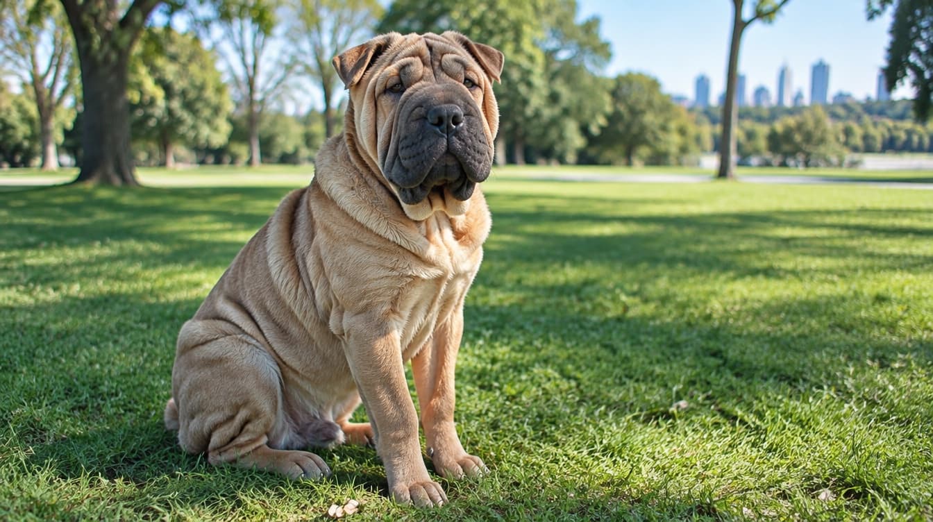 A fawn Shar Pei with deep wrinkles sitting on the grass in an Adelaide park, representing the rescue Shar Peis available for adoption across South Australia