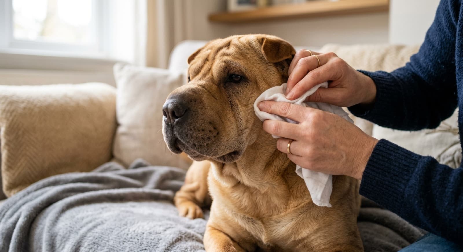 A fawn Shar Pei with deep face and neck wrinkles being gently cleaned with a soft cloth, an owner spreading a muzzle fold open to reach the skin, showing the fold care the breed needs