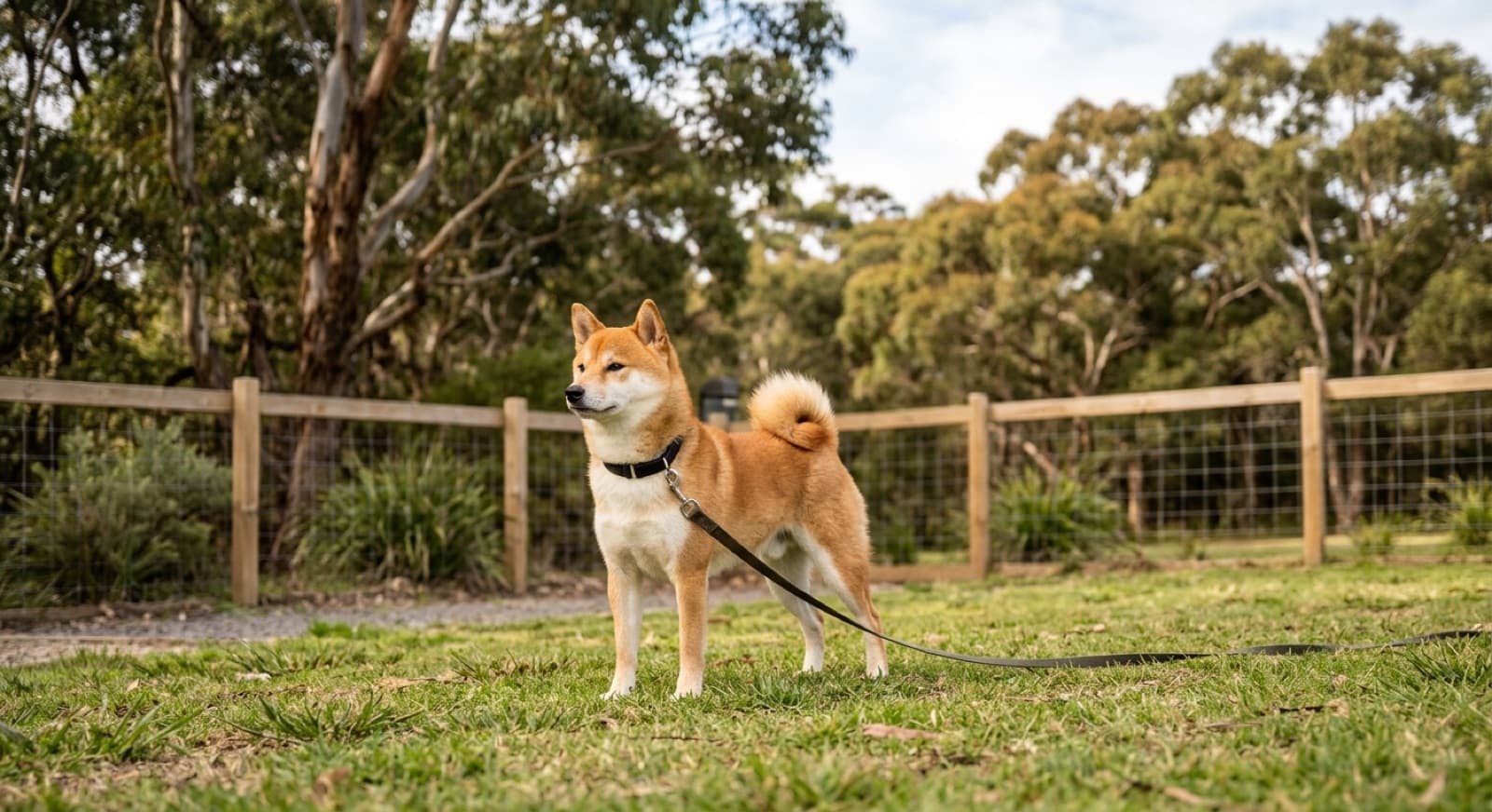 An alert red Shiba Inu standing on a lead in a Sydney park, ears up and watchful, showing the confident, self-contained expression the breed is known for