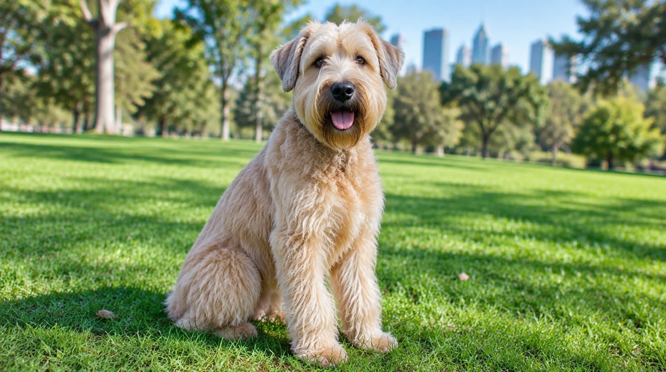 A Soft Coated Wheaten Terrier with a soft wavy wheaten coat standing on the grass in a Melbourne park, representing the rescue Wheaten Terriers available for adoption across Victoria