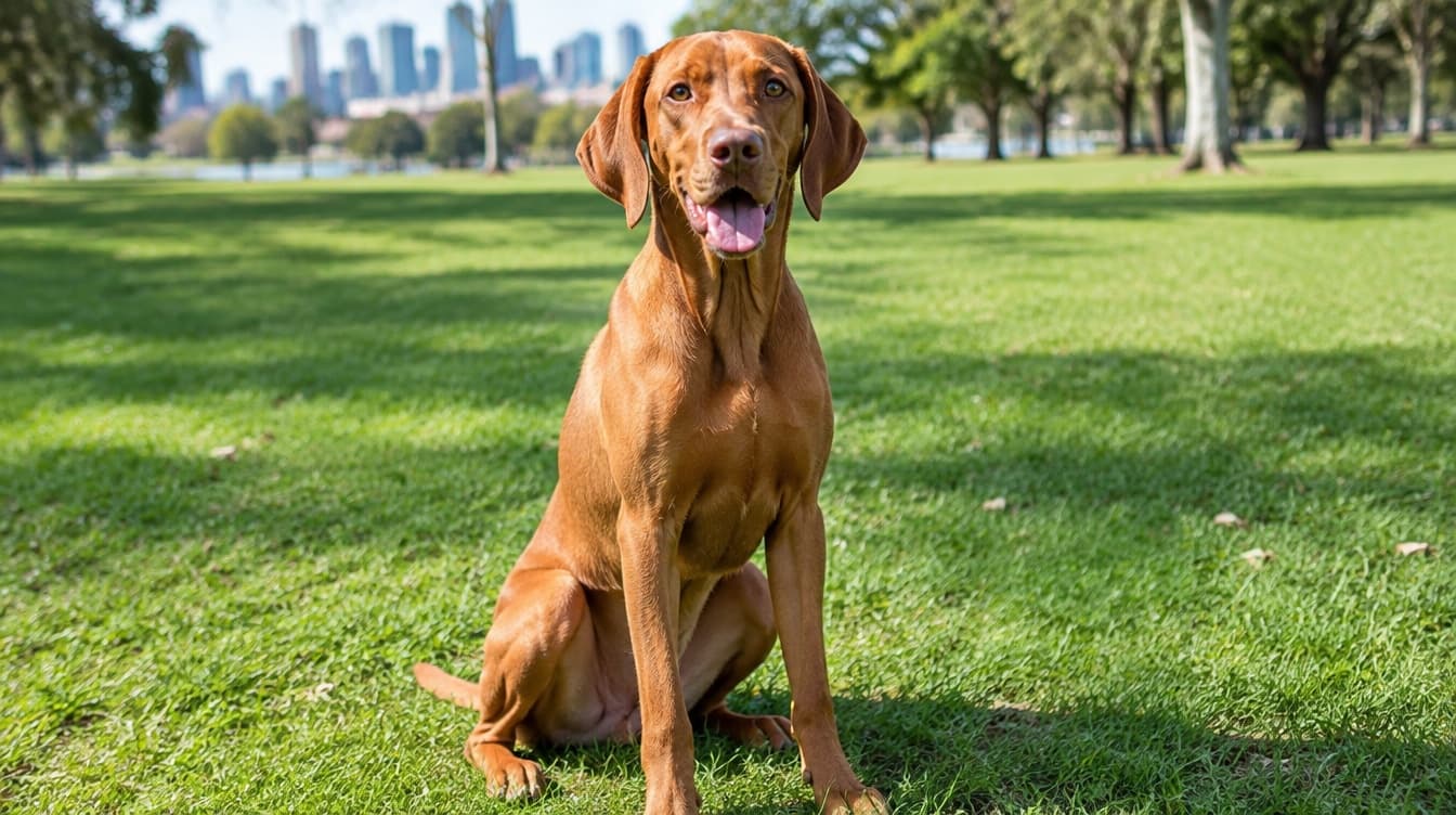 A sleek golden-rust Vizsla standing alert on the grass in a Melbourne park, representing the rescue Vizslas available for adoption across Victoria