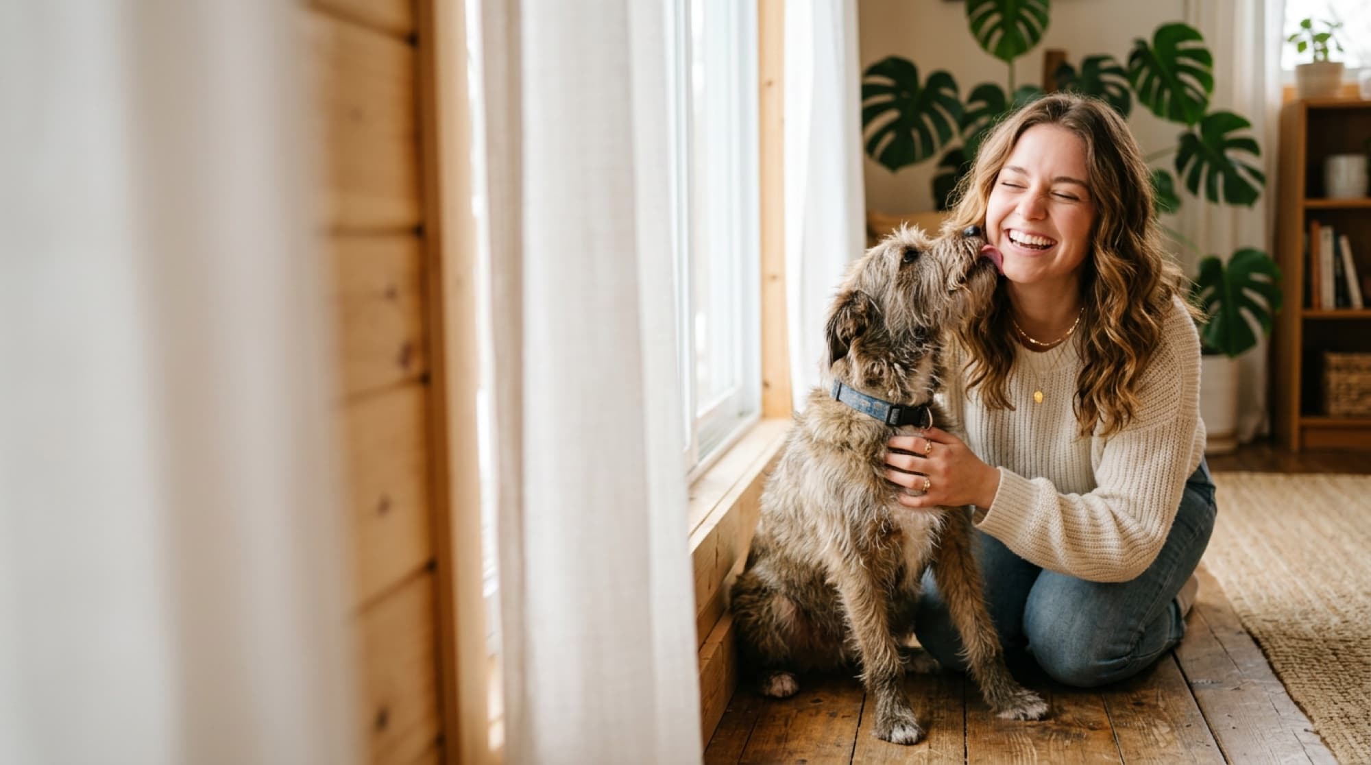 An adopter sitting with her rescue dog at home